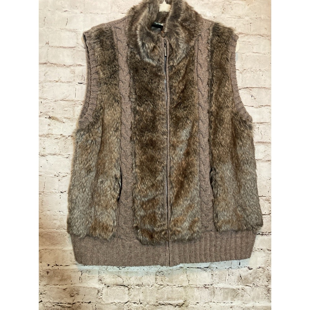 Vintage Mountain Lake Sweater Vest XL Brown Faux Fur Cable Knit Zip Up Mob Wife